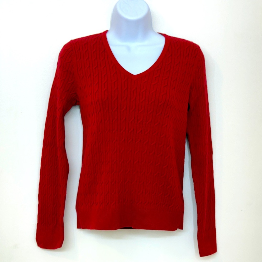 Talbots Women Red Cable Knit Pull on Sweater V Neck, Pima Cotton, Size Petite